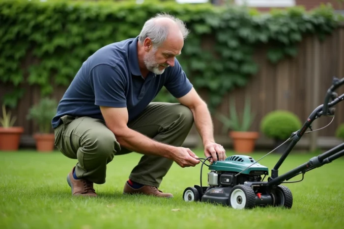 Homme remplaçant le fil électrique de sa tondeuse gazon dans un jardin suburban bien entretenu
