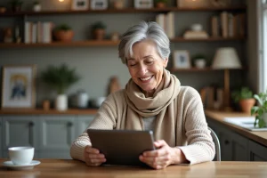 Femme senior souriante utilisant une tablette à la maison