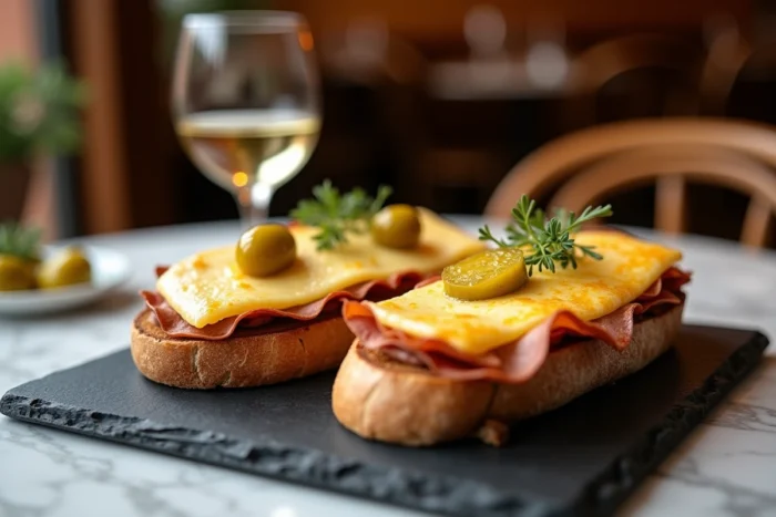 Deux tartines ouvertes côte à côte sur une ardoise, l'une gratinée au Comté fondu et l'autre au Cantal fondu avec charcuterie, servies dans un bistrot français