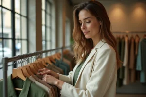 Femme élégante en blazer lin crème explorant les nouvelles tendances mode dans une boutique parisienne minimaliste
