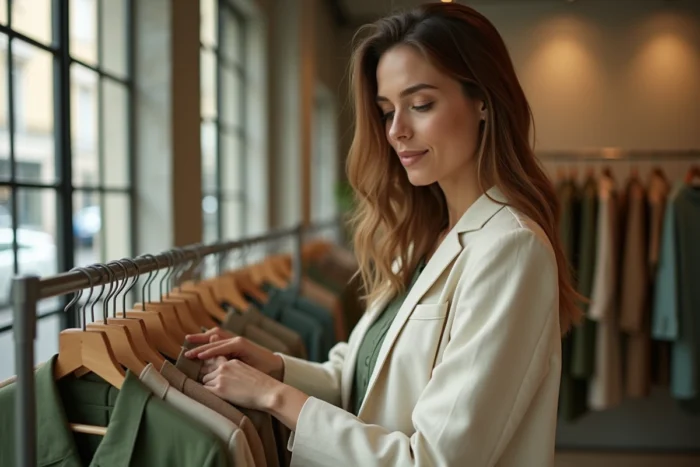 Femme élégante en blazer lin crème explorant les nouvelles tendances mode dans une boutique parisienne minimaliste
