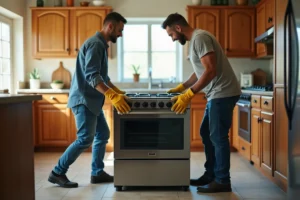Deux hommes transportant une gazinière hors d'une cuisine en toute sécurité avec des gants de travail