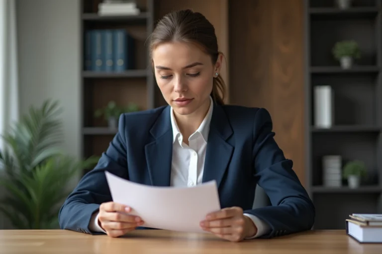 Femme professionnelle examinant un diplôme RNCP papier à son bureau pour en vérifier l'authenticité