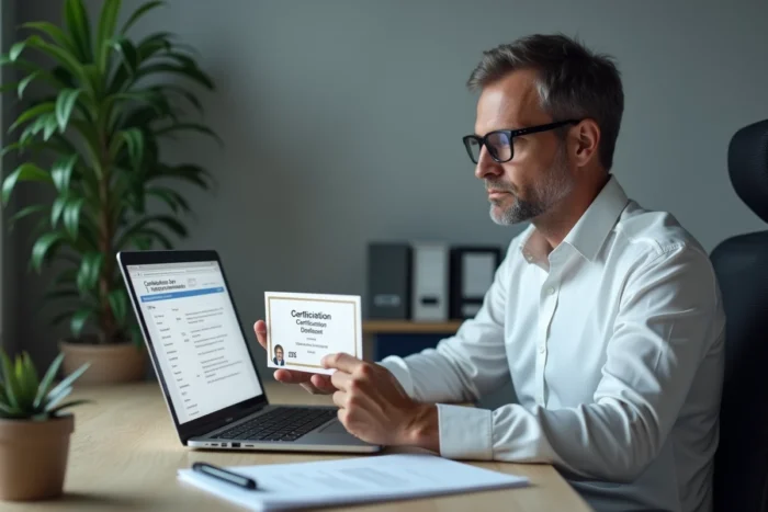 Homme vérifiant un diplôme RNCP en ligne sur un site officiel de certification depuis son bureau à domicile