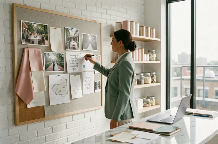 Wedding planner professionnelle consultant un tableau d'inspiration pour organiser un mariage personnalisé dans un atelier moderne